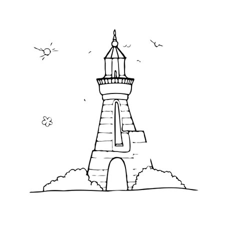 A minimalist hand-drawn sketch of a lighthouse, standing tall against a clear white sky. The simple lines and artistic rendering capture the essence of coastal architecture and the serene beauty ofのイラスト素材