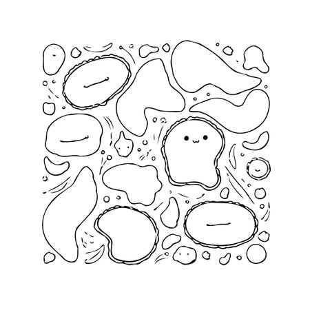 A collection of whimsical abstract shapes and adorable characters forms a cheerful and simple pattern, suitable for backgrounds, creative projects, or as a playful design element to add a touch ofのイラスト素材