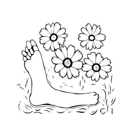 A minimalist line art illustration depicts a human foot gently nestled among blossoming flowers suggesting a harmonious connection with nature. The serene and simple composition evokes feelings ofのイラスト素材