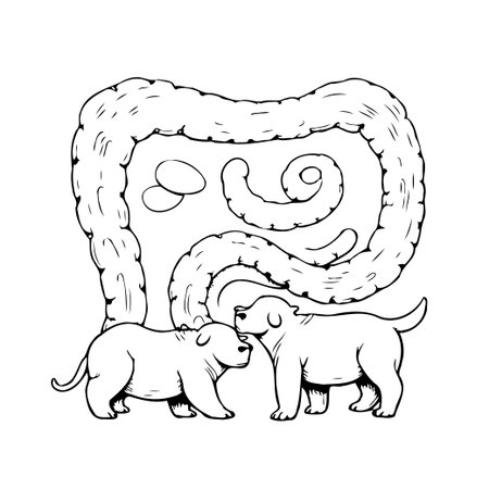 A heartwarming doodle illustration featuring two puppies engaging in a friendly encounter beneath a playful, looping line structure. The simple yet charming design emphasizes connection andのイラスト素材