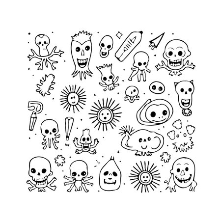 This playful illustration features whimsical doodles of surreal skulls and funky characters. The hand-drawn style adds a lighthearted touch to the spooky subject matter, making it perfect for addingのイラスト素材