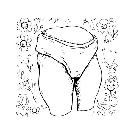 An outline drawing features a stylized figure placed centrally, surrounded by a whimsical selection of floral and botanical elements. The arrangement is designed to present an aesthetic blend ofのイラスト素材