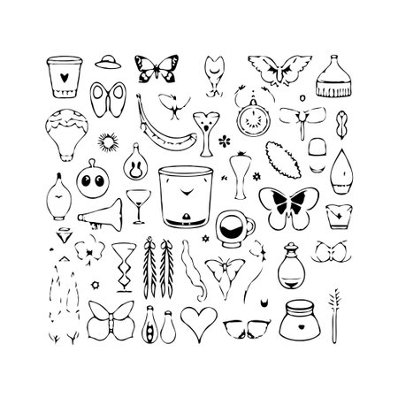 This captivating image showcases a collection of hand-drawn, quirky illustrations on a white backdrop. It's ideal for creative projects, invitations, or designs wanting a fun, playful, and artisticのイラスト素材