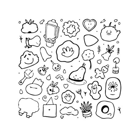 A delightful compilation of hand-drawn doodles creates a visually appealing and whimsical composition. This collection presents a fun and accessible style, suitable for a wide range of creativeのイラスト素材