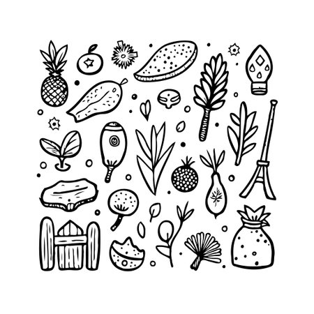 A hand-drawn doodle illustration features a diverse assortment of whimsical elements, showcasing a playful yet aesthetic design. The monochrome style and simple lines create a fun and accessibleのイラスト素材