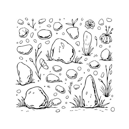A meticulously hand-drawn illustration features various stone pebbles intermingled with meadow flowers, grass, and other flora, creating a serene natural scene. This vector graphic offers anのイラスト素材