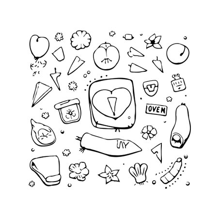 This illustration features hand-drawn, doodle-style food and kitchen elements in black and white. It's a stylized and playful composition, suitable for backgrounds or layouts needing a creative andのイラスト素材