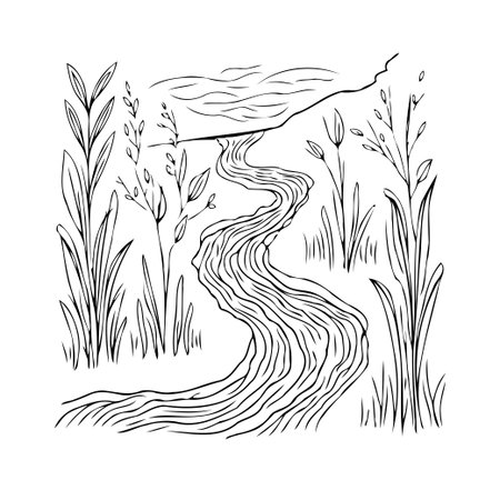 A minimalist hand-drawn illustration depicting a calm river winding through a landscape filled with waving plants. The monochrome sketch captures the serene atmosphere of the riverside scene withのイラスト素材