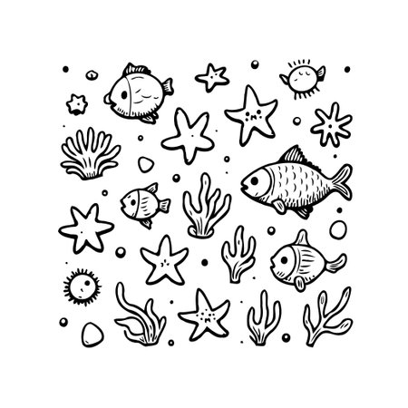 This delightful doodle illustration captures the essence of the underwater world with charming hand-drawn elements, including fish, starfish, seaweed, and coral. Its simple black and white designのイラスト素材