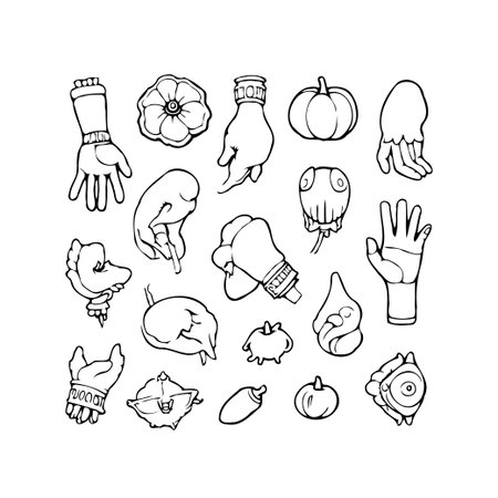 This whimsical line art composition presents a collection of diverse hands alongside floral elements and peculiar objects. The monochrome illustration evokes a playful and quirky atmosphere, makingのイラスト素材