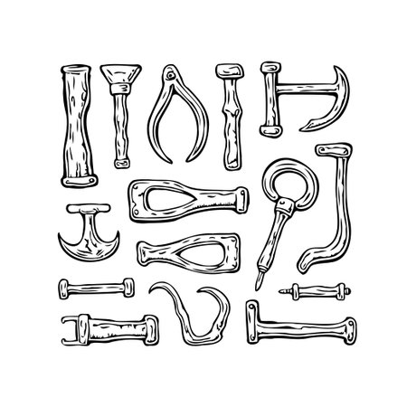 A whimsical assortment of hand-drawn, vintage-style metal tools and implements create a rustic and artistic visual. Use these illustrations for creative projects, graphic designs, or to add a touchのイラスト素材