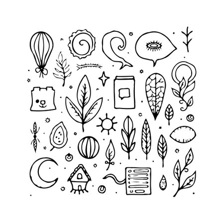 A collection of hand-drawn doodle elements, ideal for enriching your creative designs. This assortment includes whimsical illustrations in black and white, offering diverse decorative vector shapesのイラスト素材