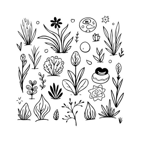 A hand-drawn doodle illustration features a collection of various botanical elements, creating a whimsical garden sketch perfect for backgrounds, design elements, or artistic projects, capturing theのイラスト素材