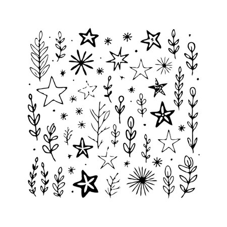 This elegant black and white pattern features a collection of hand-drawn stars, foliage, and other botanical elements. The charming design evokes a sense of rustic beauty and whimsical artistry,のイラスト素材