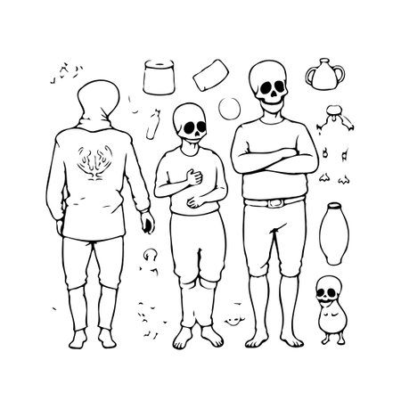 This monochromatic graphic art piece presents stylized skeletal figures alongside an array of sketched objects. The detailed linework creates an intriguing exploration of form and representation,のイラスト素材