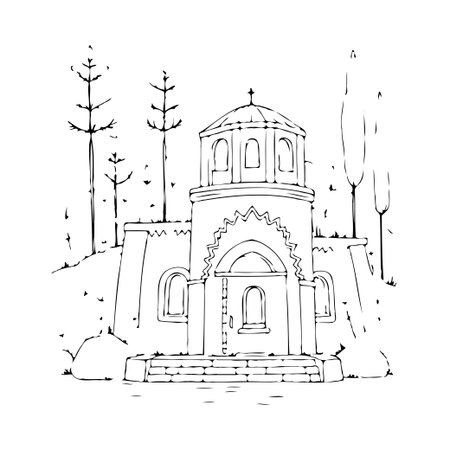 Detailed monochrome drawing portraying an old church nestled within a grove of tall trees set atop a small hill. The architecture evokes a sense of historical reverence and peaceful isolation. Theのイラスト素材