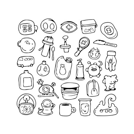 A collection of assorted objects are creatively hand drawn in a quirky style forming a playful design concept for diverse activities and illustration ideas. The black outlines on a white background,のイラスト素材