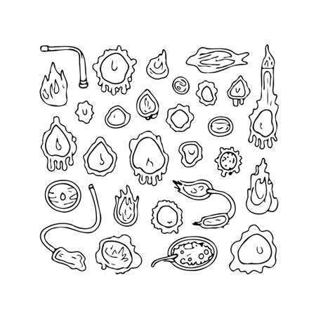 A collection of hand-drawn illustrations depicting various fluid leaks and drip patterns. The fluid dynamic drawings showcase abstract forms of dripping, splattering, and leaking liquids, presentedのイラスト素材