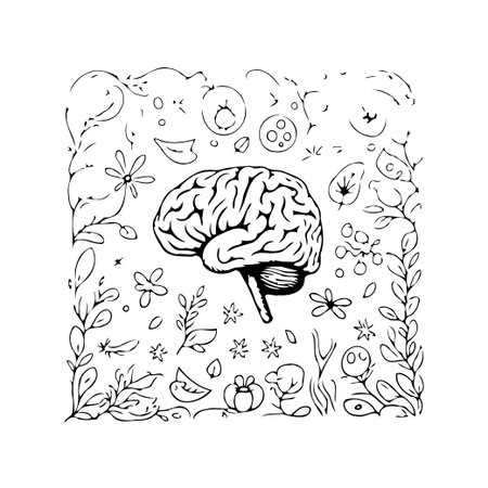 Detailed illustration of a human brain encircled by whimsical floral and botanical designs. Evokes the concept of intellectual growth, learning, and the delicate connection between the mind andのイラスト素材