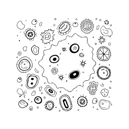 This graphic art illustrates a collection of abstract microscopic organisms and cellular structures in a dense display of biological forms. The monochrome line art showcases variety, depicting aのイラスト素材