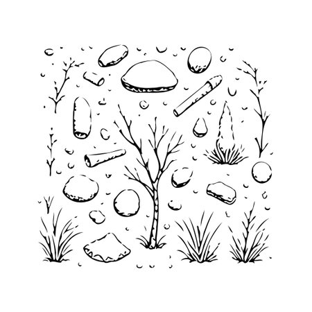 Hand-drawn botanical elements, featuring rocks, shrubs, branches, and various plants. Ideal for adding a touch of naturalistic artistry to designs. The minimalist monochrome design offersのイラスト素材