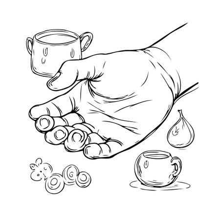 This creative illustration features a hand seemingly interacting with miniature objects, creating a surreal and whimsical composition. The artwork blends elements of realism with fantasy, showcasingのイラスト素材