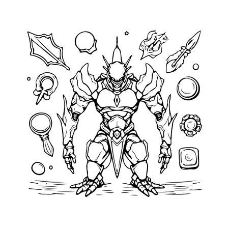 An intricate black and white illustration of a fierce warrior figure surrounded by mystical symbols. The character design evokes power and fantasy, suitable for artistic projects, graphic novels, orのイラスト素材