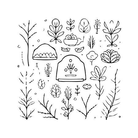 A collection of minimalist botanical drawings forming an enchanting and subtle artistic composition. The simple lines and decorative elements create a peaceful vibe, celebrating the beauty of natureのイラスト素材
