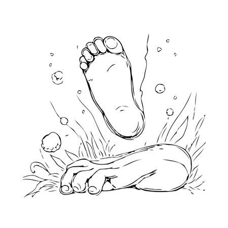 A delicate line art illustration showcasing a bare foot suspended in the air, ready to meet the earth. The image evokes a sense of freedom and connection with nature, ideal for wellness orのイラスト素材