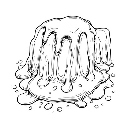 A monochromatic drawing depicts a cake-like structure completely draped in thick, flowing glaze. This unique confection conjures a sense of surreal culinary fantasy, with its dripping glaze andのイラスト素材