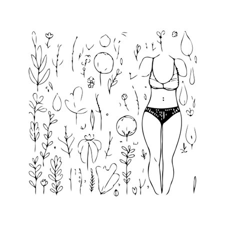 A minimalist hand-drawn illustration features a feminine figure surrounded by various botanical elements. The simple outlines and elegant details create an organic and natural aesthetic,のイラスト素材