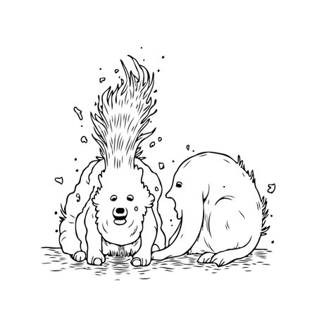 A charming black and white illustration showcases a couple of peculiar creatures engaged in some form of interaction, perhaps a playful greeting, or perhaps a display of curiosity, set against aのイラスト素材