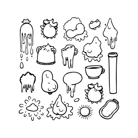 This collection of whimsical hand-drawn illustrations features an array of dripping, quirky blobs and abstract forms creating playful elements perfect for unique designs, artistic projects andのイラスト素材