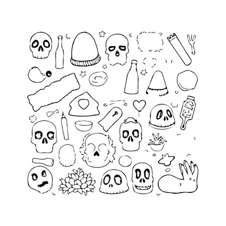 A whimsical illustration featuring a collection of hand-drawn doodles in a spooky yet quirky style. Skulls, odd objects, and mystical symbols come together in a monochromatic lineart design, perfectのイラスト素材