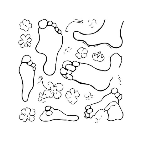 A hand-drawn style featuring delicate barefoot tracings surrounded by abstract floral forms. The design exudes a playful and simple feel, perfect for conveying themes of innocence, lightheartedness,のイラスト素材