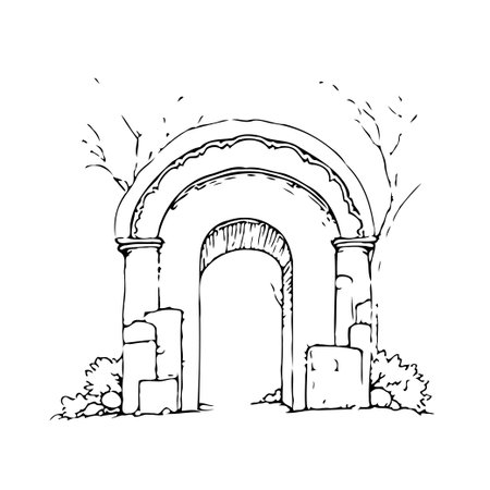 A hand-drawn archway with weathered stone is showcased in the illustration, it's suggesting a historical passage. This architectural sketch with aged columns and surrounding foliage creates a sereneのイラスト素材