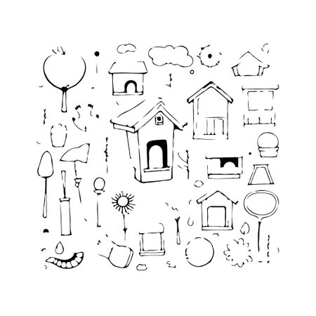 A collection of hand-drawn sketches showcasing various houses, gardening tools, nature-inspired elements, and whimsical details. This black and white artwork offers a playful and charming aestheticのイラスト素材