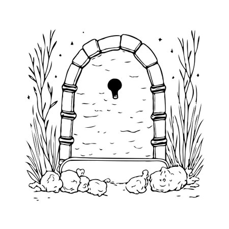 This black and white illustration presents a stylized archway framed by textured stones and natural plant life. It evokes a sense of mystery, making it ideal for fantasy themes, decorative designs,のイラスト素材