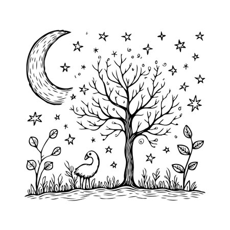 A hand-drawn illustration presents a tranquil night scene. A tree stands prominently beneath a crescent moon and a sky scattered with stars. The whimsical style evokes a sense of peace and wonder,のイラスト素材