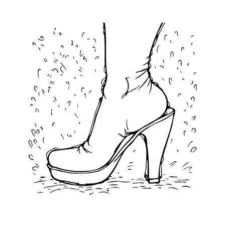 An elegant monochrome line art drawing portrays a foot in a high-heeled shoe. The illustration captures a sense of fashion, style, and feminine elegance. Isolated on a white background, thisのイラスト素材