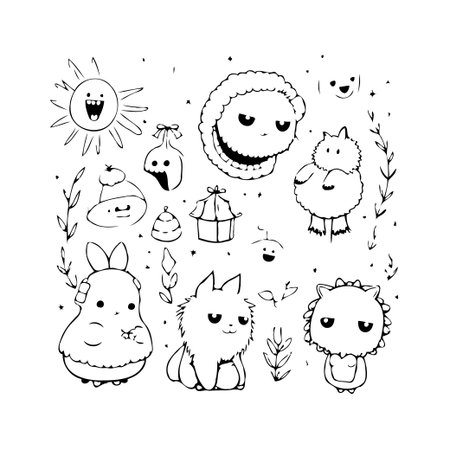A whimsical black and white sketch portrays a collection of adorable kawaii characters adorned with winter accessories. This delightful scene is full of fluffy textures and smiling faces thatのイラスト素材