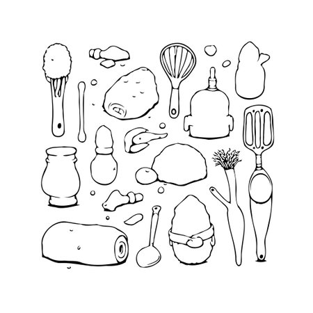 A clean, uncluttered line art illustration showcases various kitchen utensils and culinary ingredients. This minimalist design is ideal for culinary-themed projects, offering an elegant visual withのイラスト素材