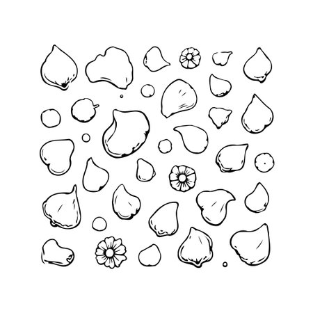 A collection of scattered flower petals and small dots creates a minimalist abstract composition. This design provides a clean, elegant, and organic feel, suitable for various backgrounds, artwork,のイラスト素材