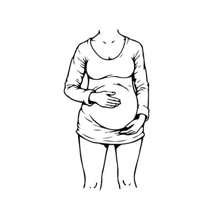 This illustration depicts a pregnant woman cradling her baby bump, representing the anticipation and connection of motherhood. The simple, clean style focuses on the nurturing aspect of pregnancyのイラスト素材