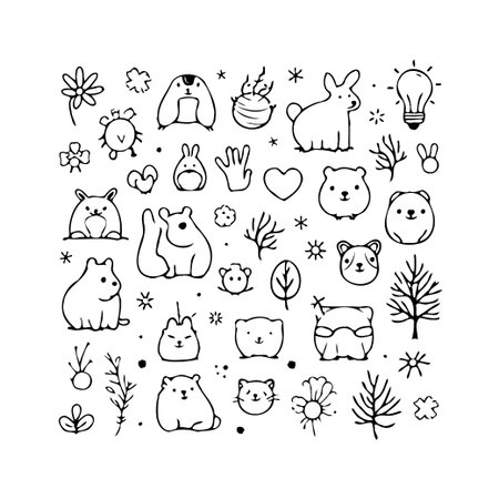 Charming hand-drawn illustrations featuring various animals and natural elements are arranged in a playful pattern, perfect for adding a touch of whimsy to your creative projects. This doodleのイラスト素材