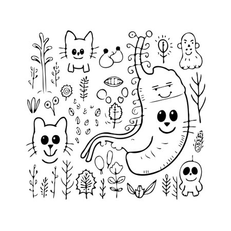 Whimsical illustration blending anatomical depiction with playful cartoon style. A cheerful stomach takes center stage, surrounded by cute animal sketches and botanical elements. The linear design,のイラスト素材