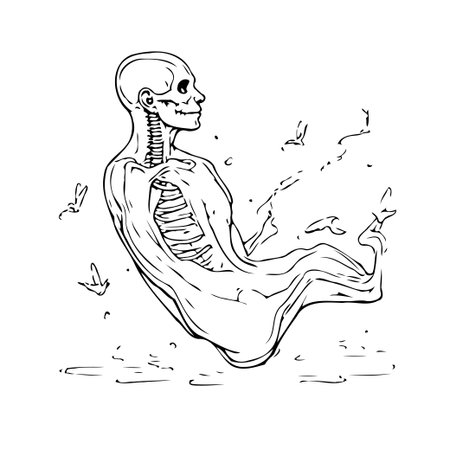 A minimalist black and white illustration depicting a stylized skeleton figure in a seated posture seemingly rising upward with accompanying butterflies. The composition conveys a sense of spiritualのイラスト素材