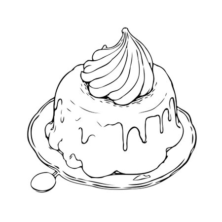 A charming sketch presents a delectable dessert, beautifully arranged on an elegant plate. The creamy topping cascades gracefully, offering a delightful invitation to indulge in its sweet, sugaryのイラスト素材
