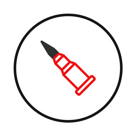 An icon-style illustration showing a bullet, using red and black outlines over a white background. The bullet is encased within a circular black border.This graphic element could be used forのイラスト素材