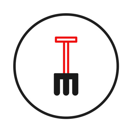 A stylized gardening fork design, incorporating red and black lines, isolated against a clean background. Emphasizing a modern approach to agricultural symbols, the design is enclosed within aのイラスト素材